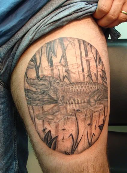 I want something similar to this. Probably more swamp, less 'gator, though. Swamp Tattoo Sleeve, Swamp Tattoo, Alligator Tattoo, Crocodile Tattoo, Traditional Tattoo Old School, Harley Davidson Tattoos, Florida Gator, Favorite Animal, Beautiful Body