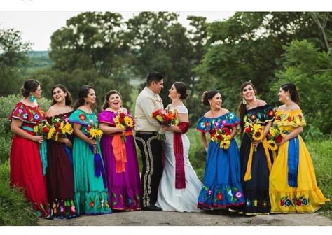 Quiencera Mexican Theme, Mexican Theme Quinceanera Dresses Fiesta Party, Bridesmaid Dresses Mexican Style, Mexican Inspired Bridesmaid Dresses, Mexican Style Bridesmaid Dresses, Mexican Groomsmen Attire, Mexican Wedding Bridesmaids Dresses, Mexican Wedding Bridesmaids, Boda Mexicana Ideas Decoracion