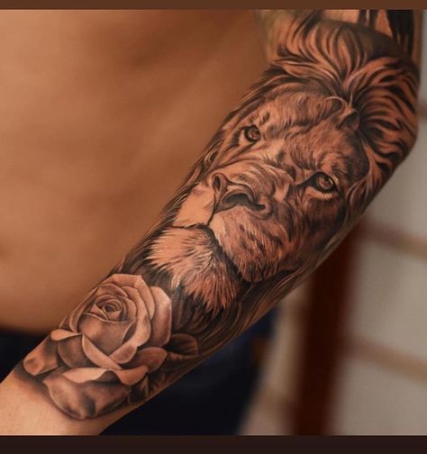 Lion Tattoo For Women, Tattoo For Women Arm, Lion Tattoos, Full Sleeve Tattoo, Full Sleeve Tattoos, Lion Tattoo, Forearm Tattoo, Rose Tattoos, Rose Tattoo