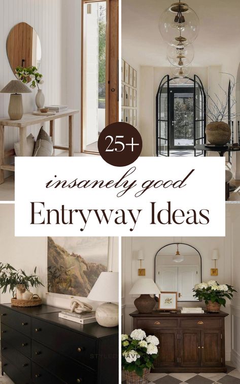 Searching for pretty, stylish entryway ideas for your home? Whether your home entryway is small or really wide, you can implement these super stylish entryway decor ideas in ANY space! From entryway console tables to benches and beyond - these simple home decor tips will totally transform your space! (SAVE these entrance ideas to your interior design or home décor board for later!) Using A Dresser In The Entryway, Entryway Foyer Decor, Entry With Bench And Mirror, Small Foyer Design Ideas, Entry Room Ideas Large, Entrance Console Design, Hallway Entry Ideas, Entryway Layout, House Entrance Ideas Entryway