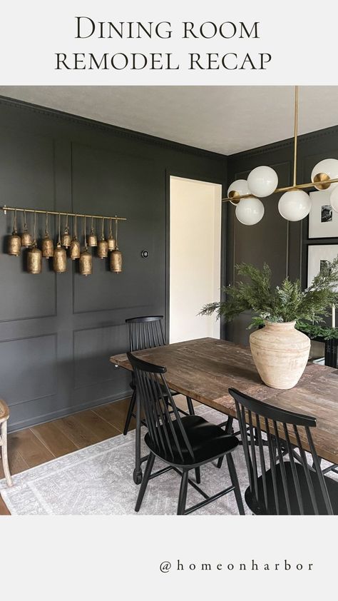 Dark Dining Room Furniture, Dark Grey Wall Dining Room, Dark Wall Dining Room Ideas, Dining Room Design Dark Wood Table, Dining Room Inspiration Dark Table, Box Trim In Dining Room, Charcoal Accent Wall Dining Room, Charcoal Grey Dining Room, Dark Floors Dining Room