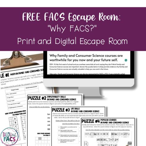 Looking for a fun, free, engaging way to teach your students about the value of Family and Consumer Science courses? Check out the FREE 4 puzzle print and digital escape room. Learn more from the Taco Bout FACS blog post. High School Family Consumer Science Classroom, Family Consumer Science Classroom, Family And Consumer Science Classroom, Facs Lesson Plans, Fcs Teacher, Culinary Classroom, Family Consumer Science, Fcs Classroom, Facs Classroom