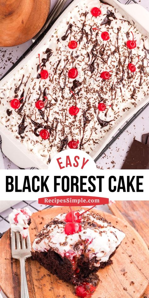 Square Black Forest Cake, Black Forest Cake With Box Cake, Black Forest Sheet Cake Recipe, Blackforest Cake Recipes Easy, Black Forest Poke Cake, Easy Black Forest Cake, Black Forest Cake Decoration, Black Forest Cherry Cake, Cherry Cake Recipe