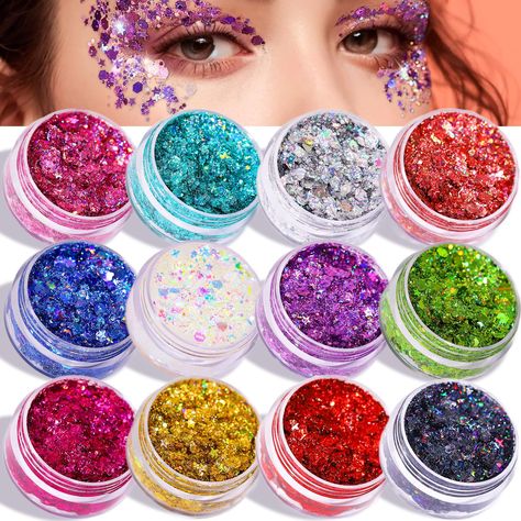 PRICES MAY VARY. 12 COLORS SPARKLY BODY GLITTER - 12 colors(12 jar) face and body glitter gel contains a mix of tiny stars, shimmery dust, hex’s, large chunky glitter pieces and hologram sparkle, creating a stunning sparkle effect. The body glitter gels are available in 10 gram/color, Total 120 grams in a set, providing you with plenty of colors and product to create your desired look EASY TO APPLY FACE GLITTER - The face glitter are easy to apply by using your fingers or easy-to-use applicator. Body Glitter Festival, Glitter For Face, Face Glitter, Gel Hair, Hair Glitter, Makeup Glitter, Makeup Wipes, Body Glitter, Festival Makeup