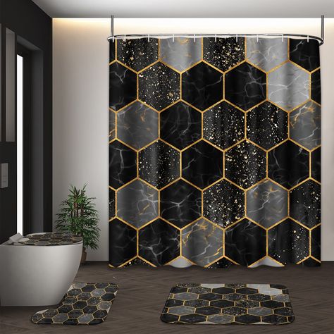 PRICES MAY VARY. Size: The black gold marble shower curtain 72 "Lx72" W, thickened bathroom mat 23.6 "Lx15.7" W, o-toilet cover: 16.5 "Lx" 14.6 "W, U-shaped carpet: 17.7" Lx15.8 "wide. Comfortable Bathroom Experience: The black gold marble shower curtain sets with rugs uses high-definition pattern printing technology, rich in colors and vivid, Not easy to fade. Change your bathroom style and create a warm and comfortable bathroom experience. Bathroom Decor: Black gold marble bathroom set is made Black And Gold Theme Bathroom, Bathroom Decor Black And Gold, Black And Gold Shower Curtain, Black And Gold Bathroom Decor Ideas, Bathroom Wallpaper Black, Gold And Black Bathroom, Gold Bathroom Decor Ideas, Gold Bathroom Ideas, Black And Gold Bathroom Decor