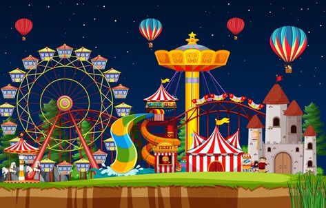 Amusement park scene at night with ballo... | Free Vector #Freepik #freevector #amusement #funfair #amusement-park #rollercoaster Balloons In The Sky, Carnival Inspiration, Art Competition Ideas, Park Scene, Circus Characters, Park Birthday, Scene Background, Rainbow Sky, Powerpoint Presentation Design