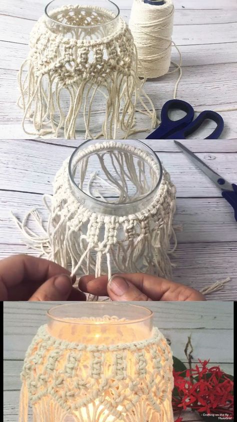 Macrame Candle, Macrame Candle Holder, Dekorasi Bohemia, Pola Macrame, Diy Kitchen Projects, Idea For Home, Diy Jar Crafts, Mason Jar Crafts Diy, Pola Gelang