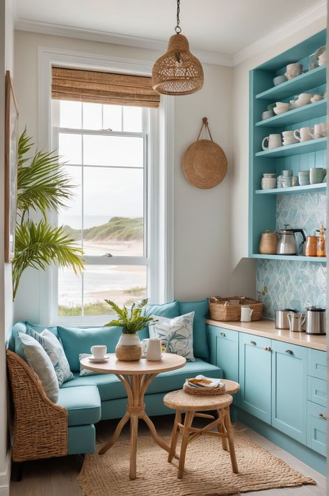 10 Ideas and Inspiration for Coastal Style Coffee Nooks - afullmug.com Coastal Granddaughter House Aesthetic, Cottage Style Home Interior, Beach Cottage Interiors Coastal Style, Colorful Coastal Aesthetic, Coastal Cottage Dining Room, Coastal Cottage Aesthetic, Coastal Grandma Kitchen, Coastal Interior Design Style, Small Coastal Cottage