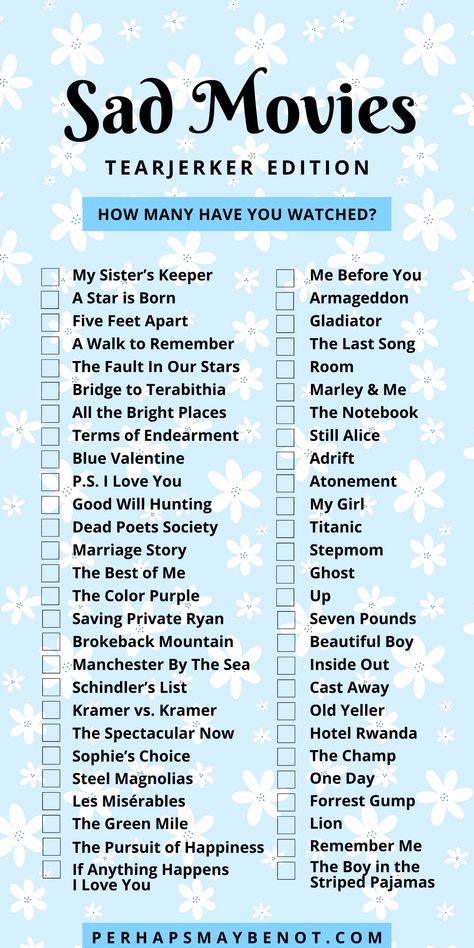 Are you ready for a movie marathon that'll have you reaching for the tissues? Explore our list of Sad Movies That Will Make You Ugly Cry! These tear-jerkers are guaranteed to pull at your heartstrings and provide the perfect excuse to grab your popcorn and cuddle up with the one you love #movies #sadmovies The Saddest Movies To Watch, Good Cry Movies, The Saddest Movies List, Tear Jerker Movie List, Movies To Make You Cry, Emotional Movies To Watch, Movies To Cry To, Movies That Will Make You Cry, Comfort Movies List