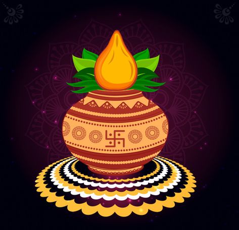 Copper kalash with coconut and mango leaf with floral decoration. essential in hindu puja. | Premium Photo Pooja Kalash Images, Kalash Painting Ideas, Kalash Decoration Painting, Kalash Illustration, Kalash Png, Kalash Rangoli Designs, Rangoli Designs With Flowers, Kalash Rangoli, Dhanteras Images