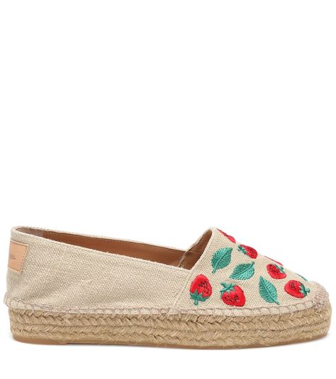 CASTAÑER | Kenda Strawberry Embroidered Espadrilles Embroidered Espadrilles, Low Wedge Espadrilles, Green Espadrilles, Lace Espadrilles, Cotton Kaftan, Mini Bucket Bags, Low Wedges, White Dress Summer, Summer Ready