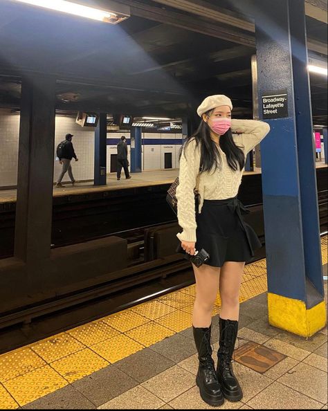 Black Boots Korean Outfit, Korean Outfit With Boots, Korean Museum Outfit, Korean College Outfits Summer, Cardigan And Boots Outfit, Short Skirt And Boots Outfit, Korean Short Outfit Ideas, Boots Outfit Korean Style, Outfits With Short Boots