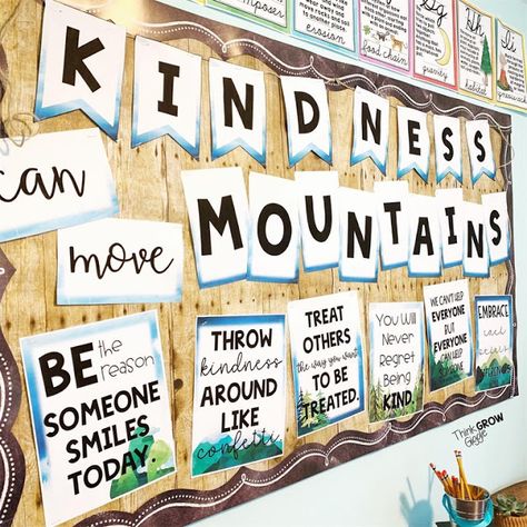 Kindness Can Move Mountains Bulletin Board, Wood Bulletin Board Ideas Classroom, Mountain Classroom Theme Decor, What Will You Grow Today Bulletin Board, Classroom Mountain Theme, School Wide Themes For The Year, Mountain Themed Classroom, Mountain Classroom Decor, Kindness Bulletin Board Ideas