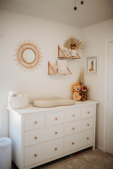 Sunshine • sun • nursery • dresser • baby room Yellow Nursery Aesthetic, Yellow Animal Nursery, Nuetral Pallete Nursery Rainbow, Rainbow Neutral Nursery, Boho You Are My Sunshine Nursery, Yellow Neutral Nursery, Neutral Sunshine Nursery, Gender Neutral Nursery Sunshine, Yellow Boho Nursery