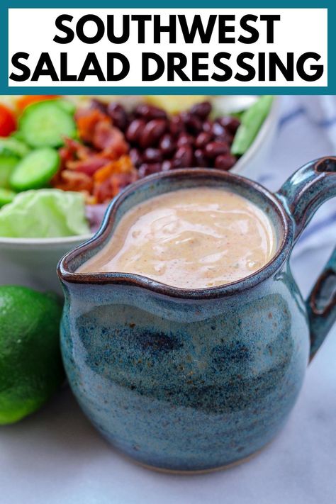 This creamy southwest salad dressing is easy and delicious, with a light and healthy twist - no mayo and no sour cream required! House Dressing Recipe Mexican, Mexican House Dressing Recipe, Spicy Vinaigrette Dressing, Southwest Salad Dressing, House Salad Dressing, Mexican Salad Dressings, Southwest Dressing, Southwest Sauce, Taco Salad Dressing