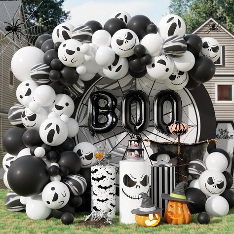 PRICES MAY VARY. Halloween Balloon Decoration: You will receive 18 inch-1 x white, 1 x black; 12 inch-8 x white, 8 x black,10 x white ghost printed, 10 x white big-eyed skull printed,10 x white cute ghost printed; 10 inch-8 x agate black, 12 x white, 12 x black; 5 inch-12 x white, 12 x black. 1 x BOO foil balloon.1 x balloon chain, 2 x dispensing, 1 x black ribbon.Enough quantity can meet your different decoration needs, make your Halloween party full of fun! Premium Materials: Our Halloween foi Halloween Balloon Arch Backdrop, Ghost Theme Party, Balloon Ghost, Halloween Balloon Arch, Halloween Balloons Decorations, Dollar Tree Halloween Decor, Halloween Theme Party, Halloween Balloon, Garland Halloween