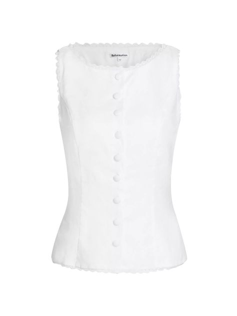 Reformation | Amela White Linen Top | Spring and Summer Tops Old Money Tops, Clay Collins, Tryst Six Venom, Linen Sleeveless Top, White Linen Top, Button Fashion, Vest Tops, Easy Trendy Outfits, Lovely Clothes