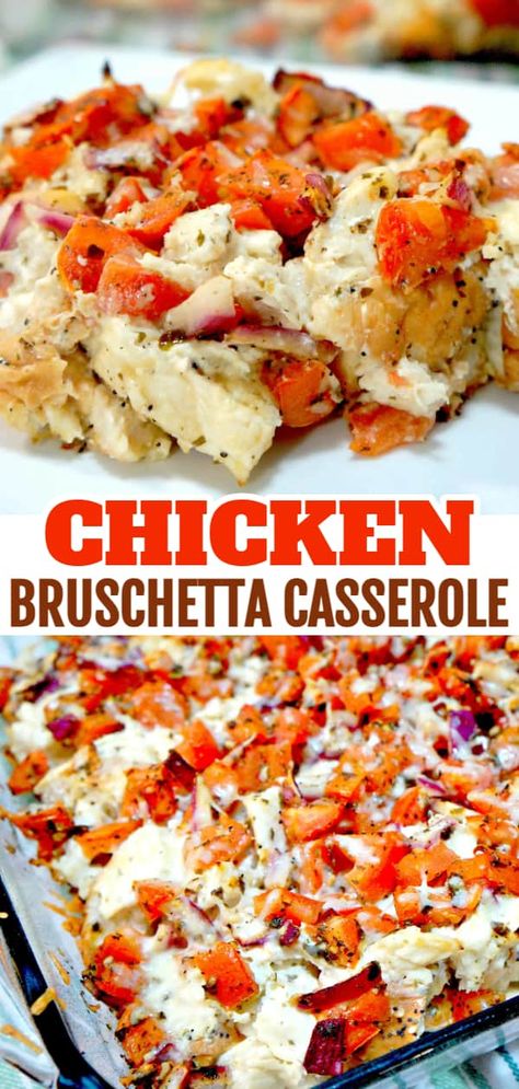 Bruschetta Dinner Ideas, Mighty Spark Bruschetta Chicken Recipes, Bruchetta Chicken Recipes, Chicken Burrata Recipe, Healthy Casseroles Dinners, Popcorn Chicken Meals, Cream Cheese Dinner Recipes, Shredded Chicken Dinner Ideas, Bruschetta Chicken Casserole