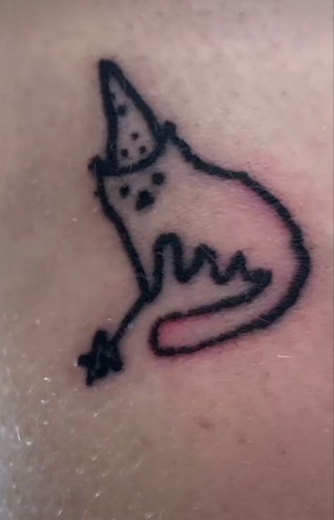 Tattoo Ideas For Men Stick And Poke, Silly Cat Tattoo Ideas, Silly Stick And Poke Tattoo, Goofy Cat Tattoo, Gothic Stick And Poke Tattoo, Silly Small Tattoo Ideas, Cat Wizard Tattoo, Cute Simple Cat Tattoos, Rat Stick And Poke