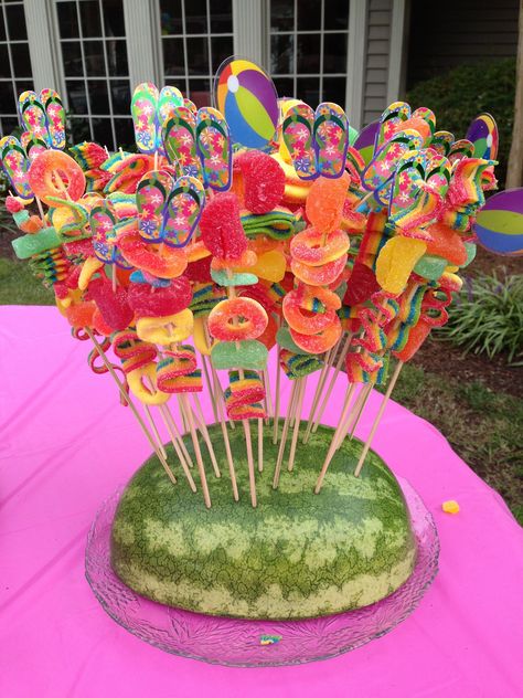 Cute Fruit Kabobs, Luau Party Candy Table Ideas, Fruit Ideas For Birthday Party, Bad Bunny Pool Party, Cocomelon Snack Ideas, Candy Skewers Kabobs Ideas, 13 Birthday Pool Party Ideas, Fruit On Stick Ideas, Tropical Snacks Party Ideas