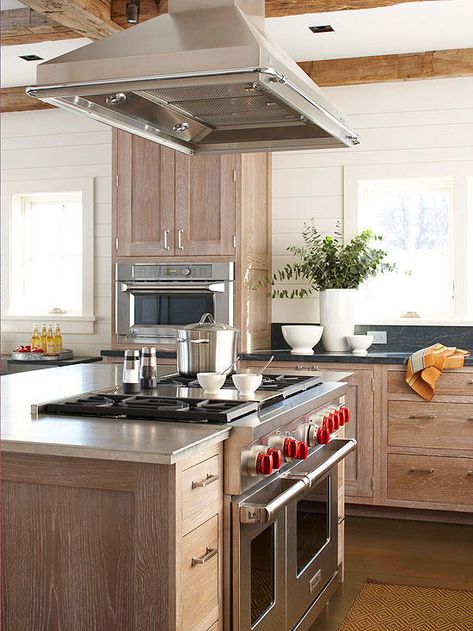 Island With Stove, Kitchen Island With Stove, Small Kitchen Island Ideas, Kitchen Layouts With Island, Island Countertop, Oak Beams, Kitchen Vent Hood, Soapstone Countertops, Small Kitchen Island