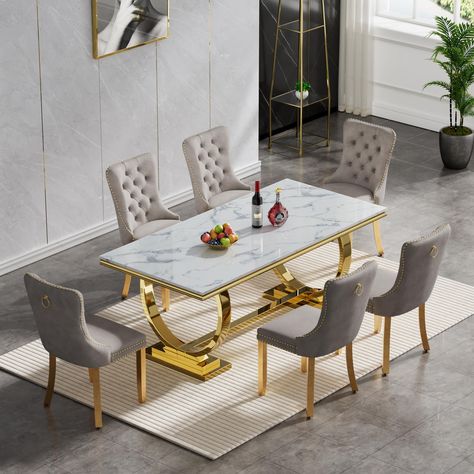 PRICES MAY VARY. 🍽️【Luxury 7 Pieces Dining Table Set】- Complete 7 pieces dining table set consisting of 1 white imitation marble 70inch rectangular dining table and 6 velvet upholstered dining chairs which makes it perfectly sized for a dinette, kitchen, or any dining area. This marble texture top dining table with gold mirrored finish stainless steel double-o shape frame will add elegance to your dining room and can easily blend in with any home decors. 🍽️【Premium Faux Marble Kitchen Table】- Modern Gold Kitchen, Dining Room Table Marble, Marble Dining Table Set, Faux Marble Dining Table, Marble Top Dining Table, Marble Kitchen, Marble Dining Table, Dining Room Table Set, Marble Dining