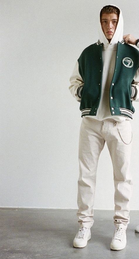 Varsity Jacket Aesthetic Boy, Green Varsity Jacket Outfit Men, Baseball Jacket Outfit Men, University Jacket Outfit, University Outfit Men, Green Varsity Jacket Outfit, Varsity Jacket Outfit Mens, Varsity Jacket Aesthetic, Varsity Outfit