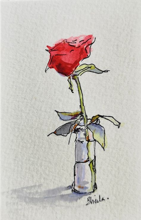 A sweet single pink rose in watercolour with a Sharpie. Drawing Mirror, Single Pink Rose, Rose Sketch, Roses Watercolor, Watercolor Paintings Nature, Japanese Watercolor, Abstract Flower Art, Watercolor Roses, Watercolor Flower Art