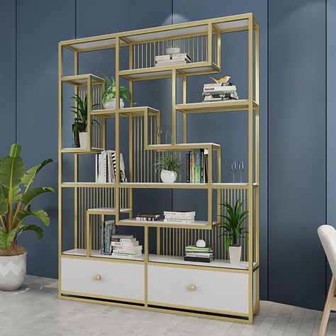 Modern Maze Etagere Bookshelf with 2 Drawers White Etagere, Gold Shelf, Labyrinth Design, Gold Shelves, Wooden Bookshelf, White Bookshelves, Loveseat Living Room, Bookshelf Organization, Corner Space