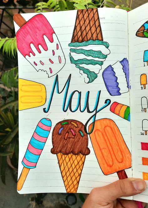 Cover Page For Drawing Book, Cute Drawings Aesthetic Easy, Ice Cream Aesthetic Drawing, Ice Cream Doodle Art, Drawing Cover Page, May Drawings, Cute Ice Cream Drawings, May Doodles, May Aesthetic Month