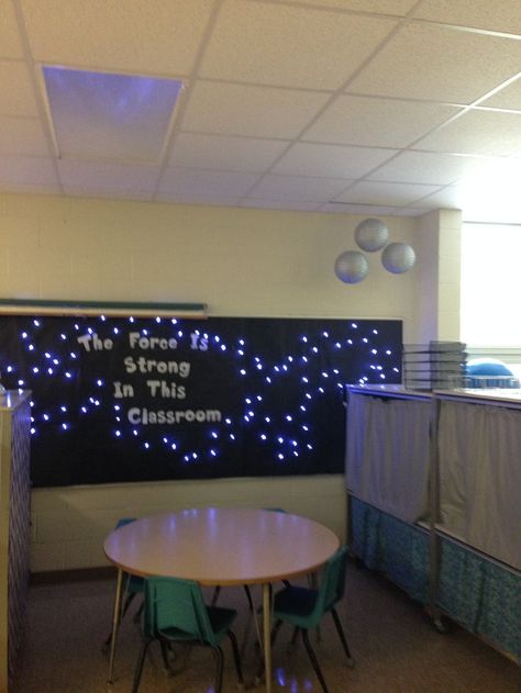 Space Theme Office Decor, Starry Night Classroom Theme, Star Wars Classroom Door, Galaxy Classroom Theme, Galaxy Bulletin Board, Tiny Classroom, Galaxy Classroom, Star Wars Classroom Theme, Space Theme Classroom