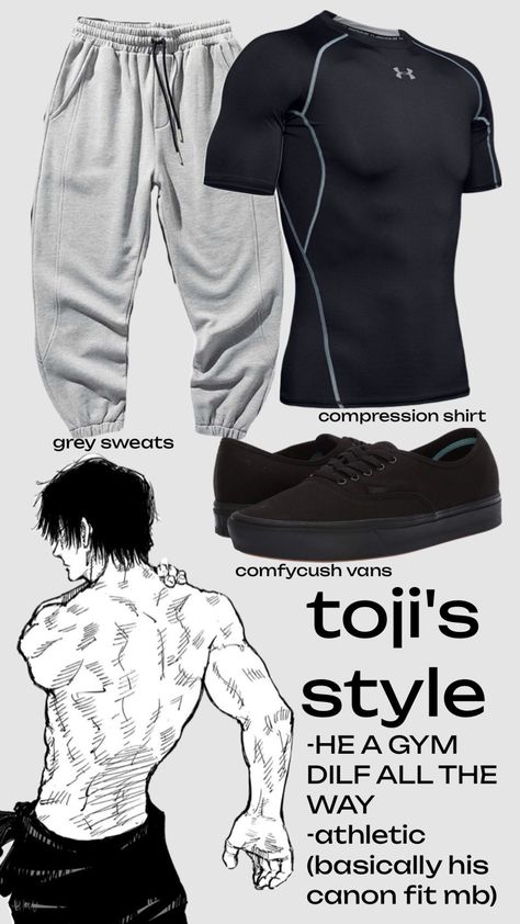 #toji #jjk #outfitinspo #style Toji Back Pose, Workout Aesthetic Outfits Men, Modern Ninja Outfits Men, Gym Guys Outfit, Outfits For Gym Men, Anime Outfit Ideas Real Life, Men’s Gym Style, Anime Outfit Ideas Men, Toji Outfit Ideas