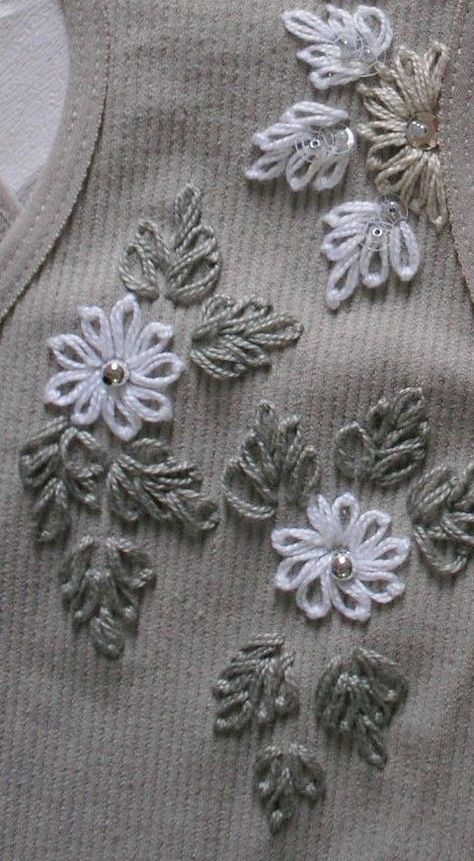 Embroidery, Grey, Flowers, White