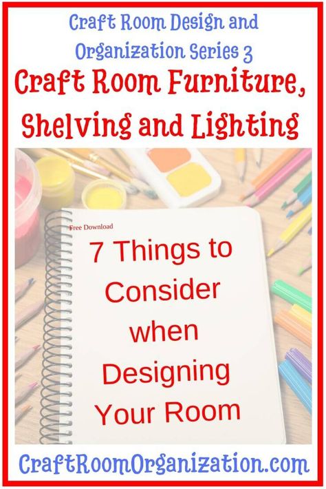 Choose the right lighting to use in your craft room, options for furniture to store supplies, and shelving that will give the benefit of vertical storage. #craftroomorganzation Craft Room Lighting Ideas, Craft Room Lighting, Small Desk Area, Basement Craft Rooms, Craft Room Furniture, Organizational Ideas, Craft Room Design, Room Ambiance, Low Cabinet