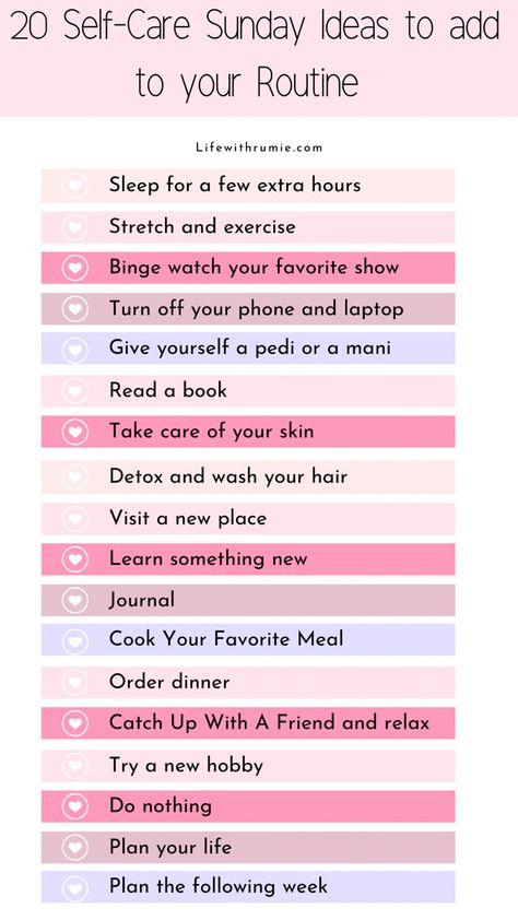 Self care ideas Weekly Todo List Ideas, How To Self Care, Daily Self Care Checklist, Self Care Aesthetic Ideas, Importance Of Self Care, Daily Routine Habits, Sunday Routine, New Things To Try, Self Care Bullet Journal