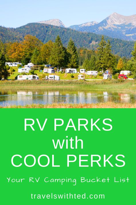 What's the newest and most exciting thing on the RV camping scene? Check out our list of the top RV parks, resorts and campgrounds in the USA. Of course a lot of RVers love nothing more than escaping into the middle of nowhere and disconnecting in the woods. But these unique RV resorts should be on your RV destination bucket list! RV Camping | RV Destinations | Campgrounds | RV Parks | RV Resorts Rv Camping Locations, Rv Parks And Campgrounds Ideas, Rv Destinations Road Trips, Free Rv Camping Sites, Rv Campground Design, Best Rv Parks In Us, Rv Park Ideas, Rv Vacation Ideas, Campground Ideas