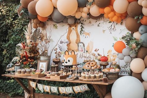 Kara's Party Ideas Woodland Forest Christening Party | Kara's Party Ideas Animal Balloon Garland, Boy Christening Decorations, Woodland Party Ideas, Woodland Party Decorations, Balloons Decor, Balloons Arch, Idee Babyshower, Blowing Up Balloons, Woodland Birthday Party