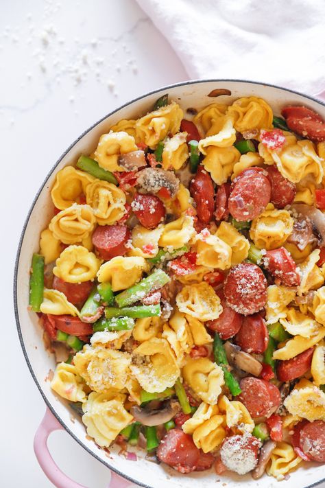 Creamy Tortellini and Kielbasa — Mer and Meg's Escapades Tortellini Recipes With Kielbasa, Keilbasa Recipes Tortellini, Kielbasa And Tortellini Recipes, Tortellini And Kielbasa Recipes, Kielbasa Tortellini Recipes, Tortellini Kielbasa, Tortellini And Kielbasa, Recipes With Kielbasa, Litha Recipes