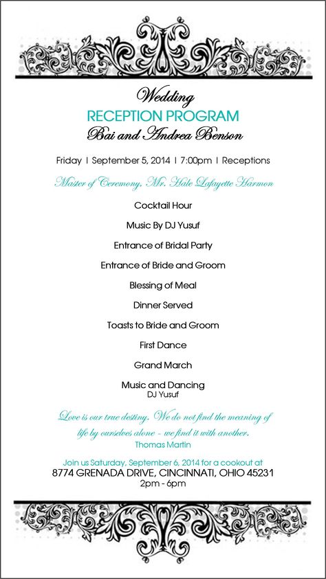 Wedding Reception Program design Wedding Reception Program Ideas, Reception Program Ideas, Master Of Ceremonies Wedding, Traditional Wedding Ceremony Order, Reception Order Of Events, Magazine Wedding Program, Wedding Program Examples, Reception Program, Ceremony Order