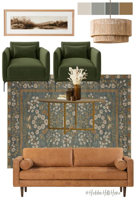 Living room decor mood board with a leather sofa and green accent chairs! Living room decor ideas Leather Couch And Green Chair, Two Green Accent Chairs In Living Room, Accent Chairs For Green Couch, Leather Couch Green Chair, Cottage Living Room Leather Sofa, Sitting Room Ideas Chairs, Blues And Green Living Room, Green Sofa With Accent Chairs, Dark Green Accent Chair Living Room