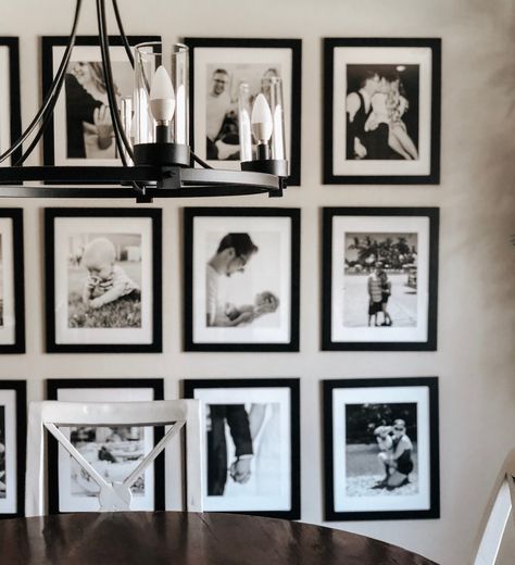 Gallery Wall Black Frames, Photo Gallery Wall Layout, Wedding Gallery Wall, Dining Room Gallery Wall, Room Gallery Wall, Family Gallery Wall, Gallery Wall Layout, Family Photo Wall, Black And White Photo Wall