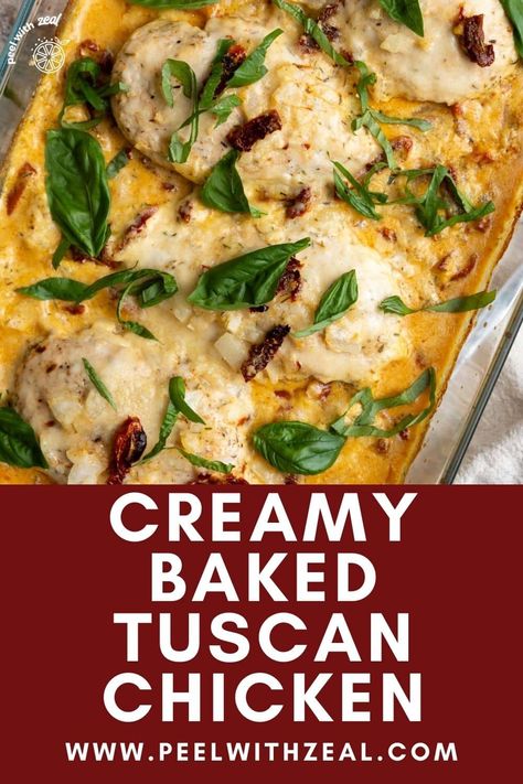 An easy Tuscan chicken that is baked in a cream sauce with sun-dried tomatoes, garlic, and basil, this chicken dinner. The perfect easy weeknight dinner recipe ready in 30 minutes. Tuscan Chicken Casserole Recipes, Baked Tuscan Chicken Casserole, Tuscan Chicken Bake, Easy Tuscan Chicken, Baked Tuscan Chicken, Tuscan Chicken Recipe, Vegetarian Risotto, Parmesan Cream Sauce, Weeknight Dinner Recipes Easy