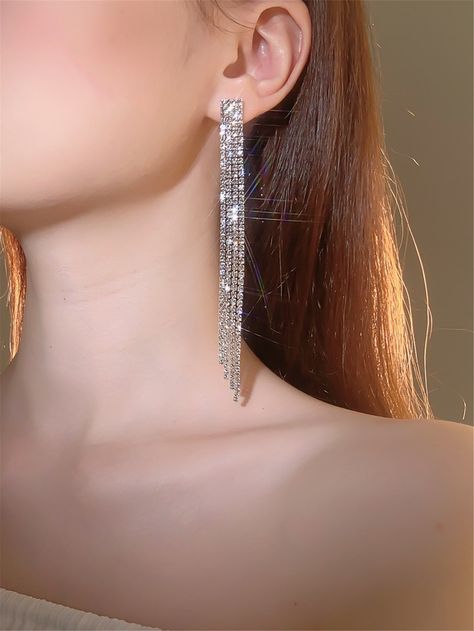 Silver Prom Jewelry, Rhinestone Earrings Studs, Formal Jewelry, Graduation Jewelry, Prom Accessories, Prom Earrings, Long Tassel Earrings, Prom Jewelry, Wedding Party Jewelry