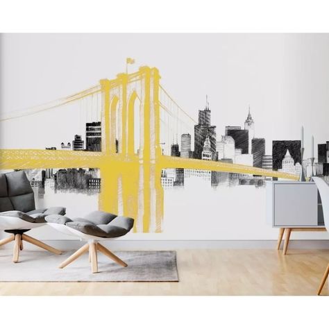 We don't want you to buy unnecessary amount of rolls which you will through it away without using them, we are offering 6 the best seller sizes to you and you can choose the best matches for your wall dimensions. Brooklyn Bridge Wallpaper, Cityscape Mural, City Mural, Bridge Wallpaper, Textile Wallpaper, Watercolor City, Living Room Themes, Wallpaper Fabric, City Wall Art