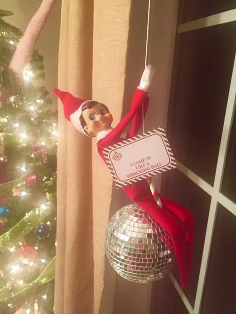 Elf on the shelf. Wrecking ball Elf On The Shelf Wrecking Ball, Fake Snow, Wrecking Ball, Elf Ideas, Shelf Ideas, The Elf, On The Shelf, Christmas Magic, Elf On The Shelf