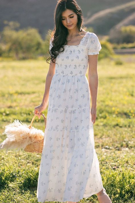 Elsie Smocked Maxi Dress | Morning Lavender Modest Flower Dress, Housewife Outfit, White Easter Dress, White Blue Floral Dress, Sequin Babydoll Dress, White Puff Sleeve Dress, Floral Maternity Dress, Short Puffy Sleeves, Feminine Dresses