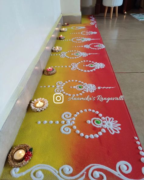 "Discover elegant and simple Rangoli designs that will beautifully enhance and elevate the ambiance of your special occasion. #RangoliDesigns #ElegantDecor #FestiveVibes #TraditionalArt #OccasionDecor #BeautifulRangoli" Simple Elegant Rangoli Design, Border Diwali Rangoli, Bela Rangoli Design, Boundary Rangoli Design, Diwali Border Rangoli, Border Design For Rangoli, Rangoli Corner Design, Border Design Rangoli Easy, Corner Rangoli Designs Diwali