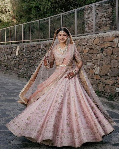 Outfits That Made Us Stop And Ask 'Who Is The Designer?' | WedMeGood Pink Bridal Outfit, 16 Shringar, Bridal Lehenga Colour, Flared Gowns, Pink Bridal Lehenga, Bodycon Gown, Bridal Lehenga Designs, Colour Trend, Latest Bridal Lehenga