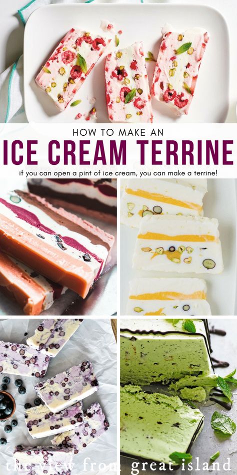 How to make an Ice Cream Terrine ~ layered ice cream desserts are fun and easy to do, create your own customized ice cream cake in a few easy steps! #icecream #icecreamcake #bomb #terrine #striped #frozen #homemade #iceboxcake #semifreddo #frozenyogurt #sorbet #sherbert #nobake #easy Simple Ice Cream Desserts, Ice Cream Bars Dessert, Fancy Ice Cream Desserts, Dessert Recipes With Ice Cream, Frozen Desserts Easy, Ice Cream Cake Diy, Almond Snacks, Terrine Recipe, Christmas Ice Cream