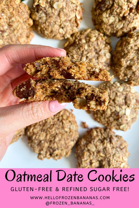 Oatmeal Date Cookies - hellofrozenbananas.com Oat Date Cookies Healthy, Gluten Free Date Cookies Recipes, Vegan Oatmeal Date Cookies, Healthy Oatmeal Date Cookies, Banana Date Cookies, Date Bars Recipe Healthy, Recipes With Pork Rinds, Oatmeal Date Cookies, Recipes With Pork